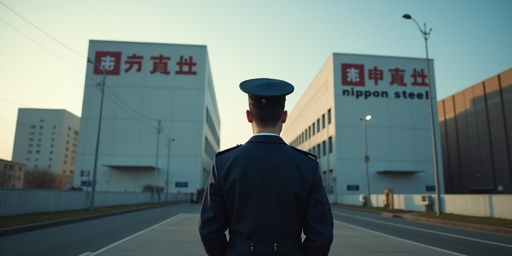 a man in uniform standing in front of a sign that says nippon steel and a building with a sign that
