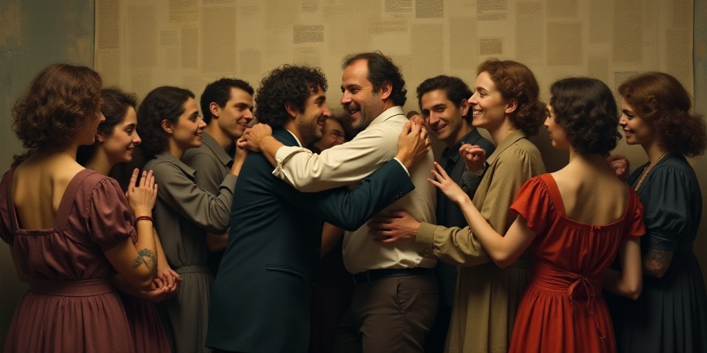 a man is being hugged by a crowd of people in a room with a wall of paper on it, Boris Vladimirski,
