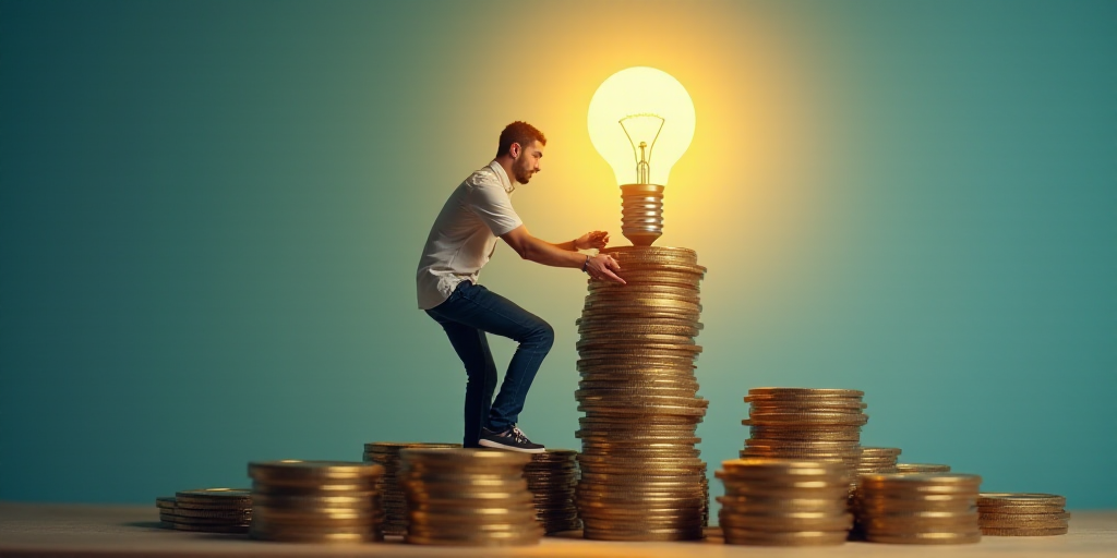 a man is climbing a stack of coins with a light bulb above his head and a phone in the background, C