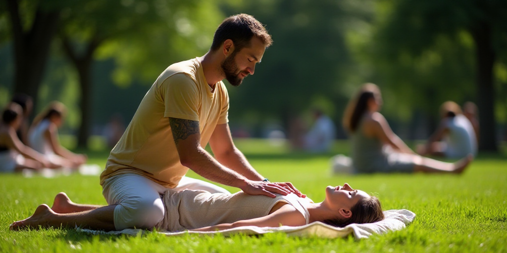 a man is doing a massage to a woman on the grass in a park with other people in the background, Ella