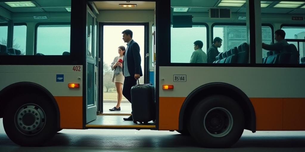 a man is entering a bus with his luggage in hand and a woman is walking out of the door, Cui Bai, dy