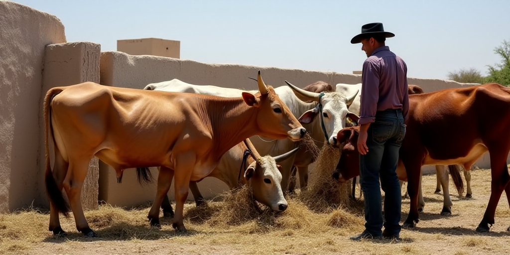 a man is feeding cows in a pen with hay on the ground and straw on the ground around them, Bouchta E