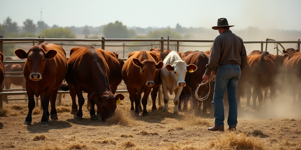 a man is feeding cows in a pen with hay on the ground and straw on the ground around them, Bouchta E