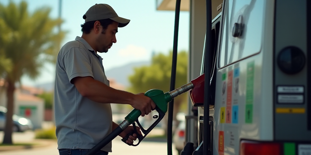 a man is filling up a gas pump at a gas station in a city area of mexico, on a sunny day, Félix Ara