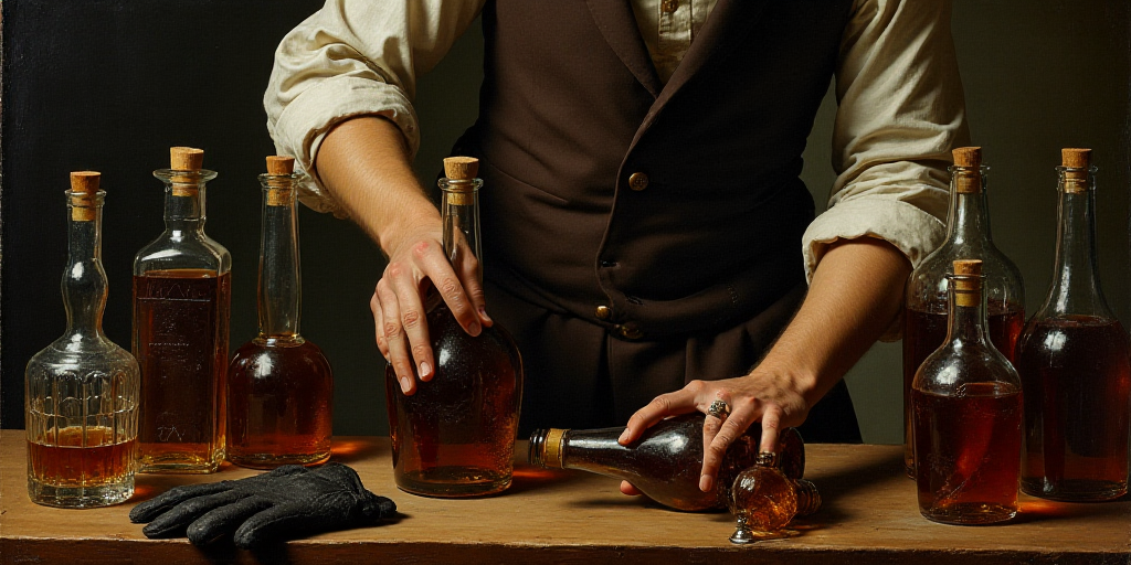 a man is holding a bottle of liquor and a glove is next to it on a table with many bottles of liquor