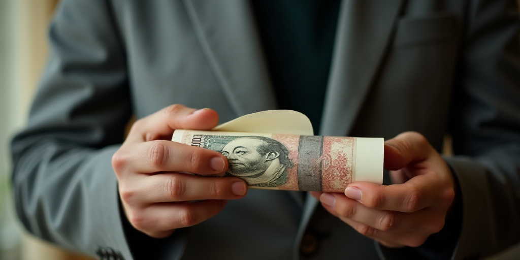 a man is holding a roll of paper money in his hands and is putting it into a roll of paper, Cui Bai,
