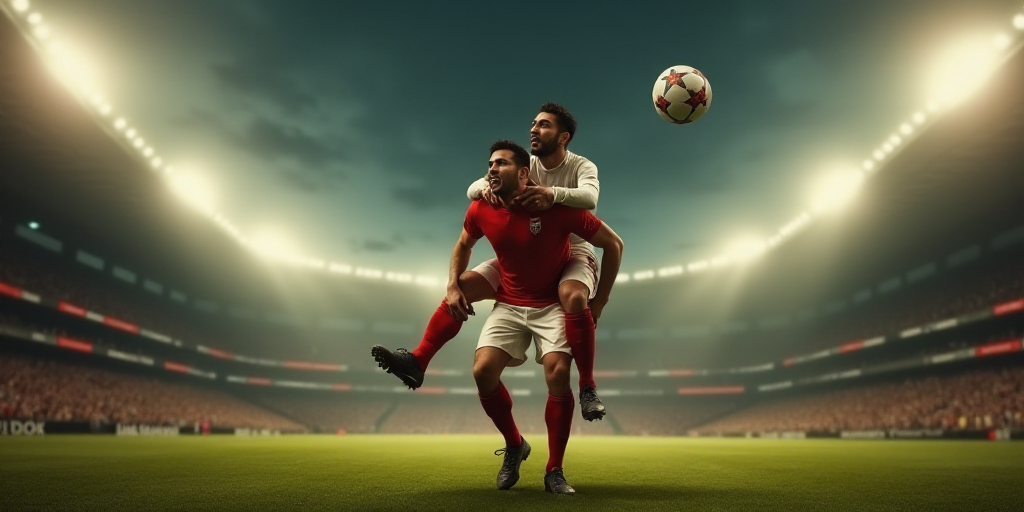 a man is holding another man on his back in a stadium with lights on the sidelines and a soccer ball