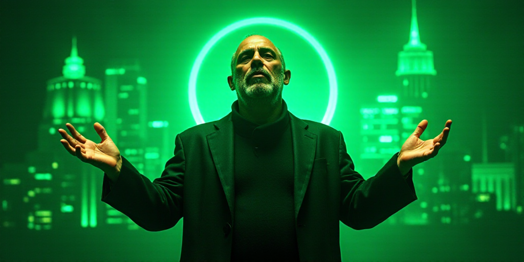 a man is holding his hands out in front of a green background with a picture of a city and a starlin