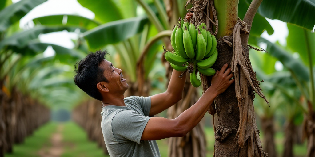 a man is picking bananas from a tree in a banana plantation in the philippines, southeast asia, asia