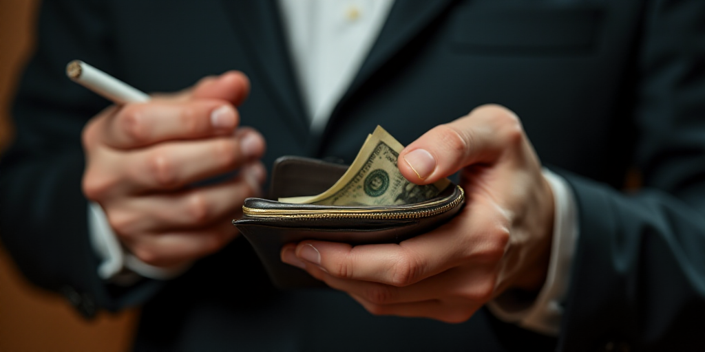 a man is putting money into a wallet with a cigarette in his hand and a cigarette in his other hand,