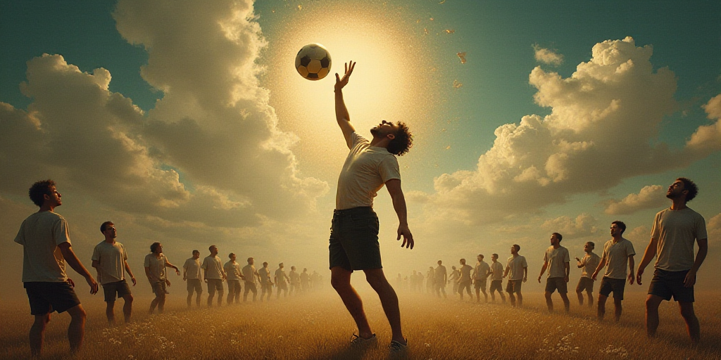a man is reaching up to catch a soccer ball in the air with his hands in the air and his head tilted