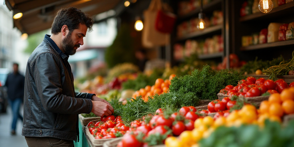 a man is shopping for produce in a market stall with other produce on display in bins and boxes, Bra