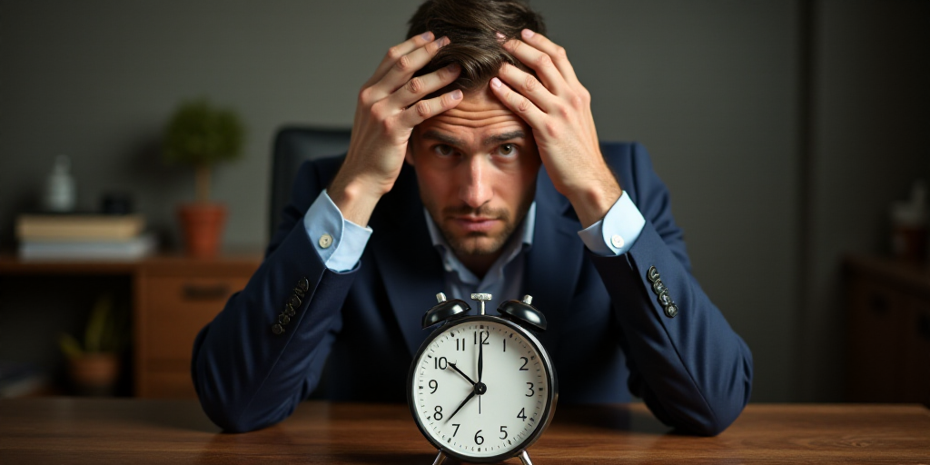 a man is sitting at a desk with his hands on his head and a clock in front of him, Évariste Vital L