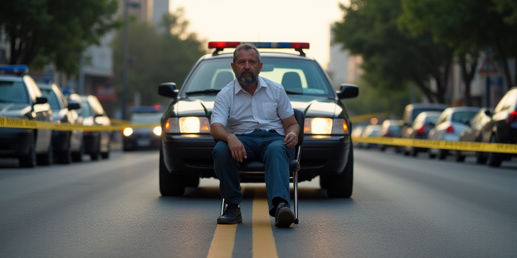 a man is sitting on a chair in front of a police car and police tape on the street with police tape,
