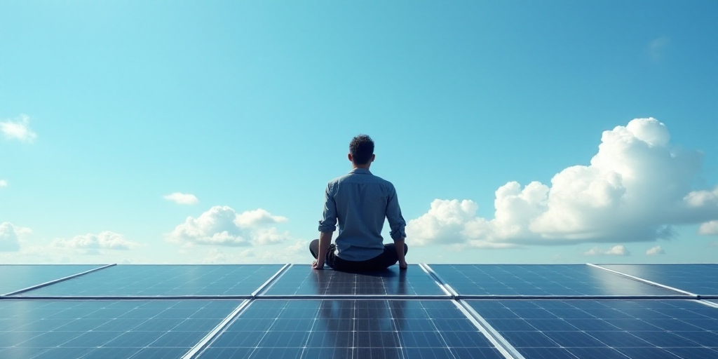 a man is sitting on a roof of a solar panel with a blue sky in the background and a blue sky with cl