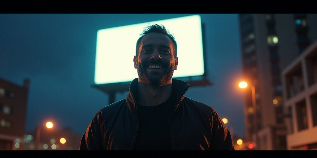 a man is smiling in front of a billboard at night with lights on the side of the building and a stre