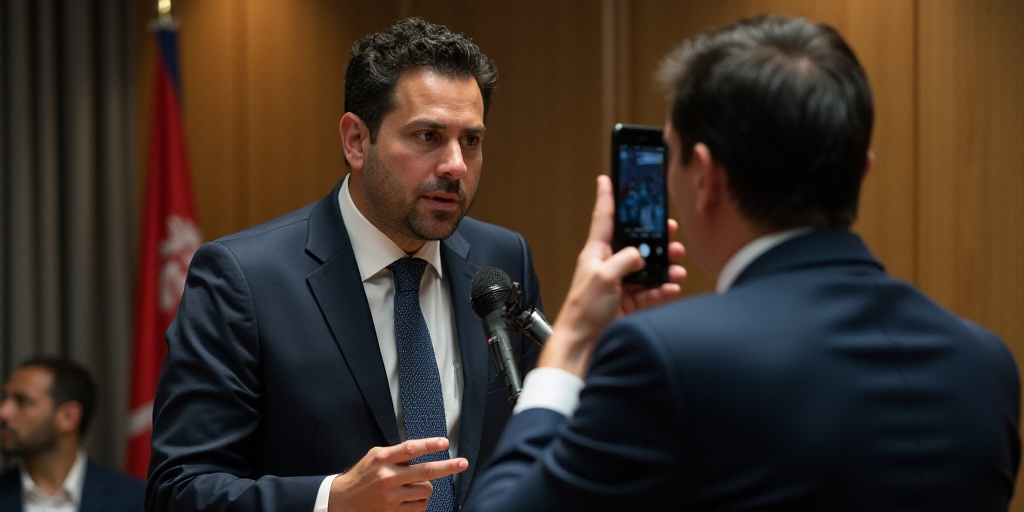 a man is speaking into a microphone while a man is taking a picture of him with a cell phone, Diego