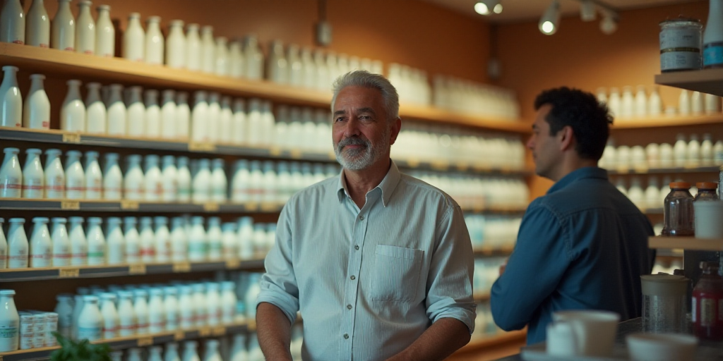 a man is standing at a store counter with a shelf of milk and milk bottles behind him and a man is s