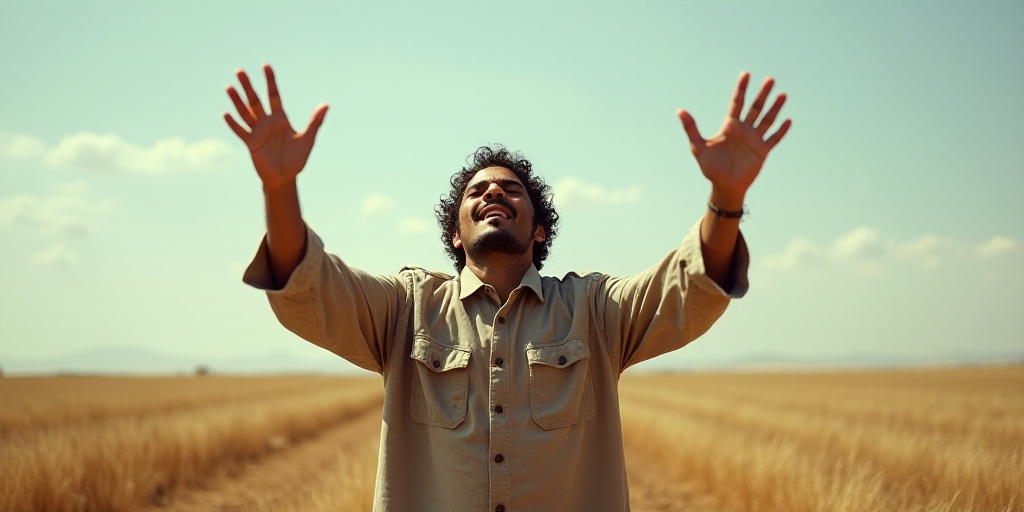 a man is standing on a field with his hands up in the air and his eyes closed and his hands up in th