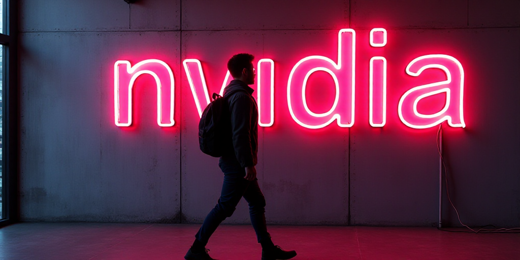 a man is walking in front of a neon sign that says nvidia on it and a backpack on his back, Akihiko