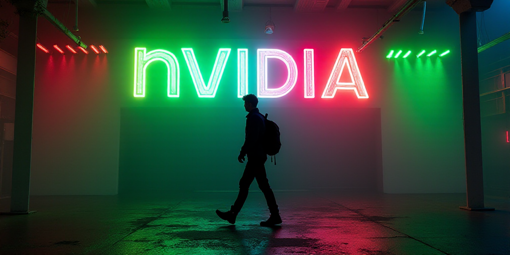a man is walking in front of a neon sign that says nvidia on it and a backpack on his back, Akihiko
