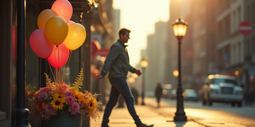 a man is walking past a bunch of balloons and flowers on a street corner in a blurry photo, Anthony
