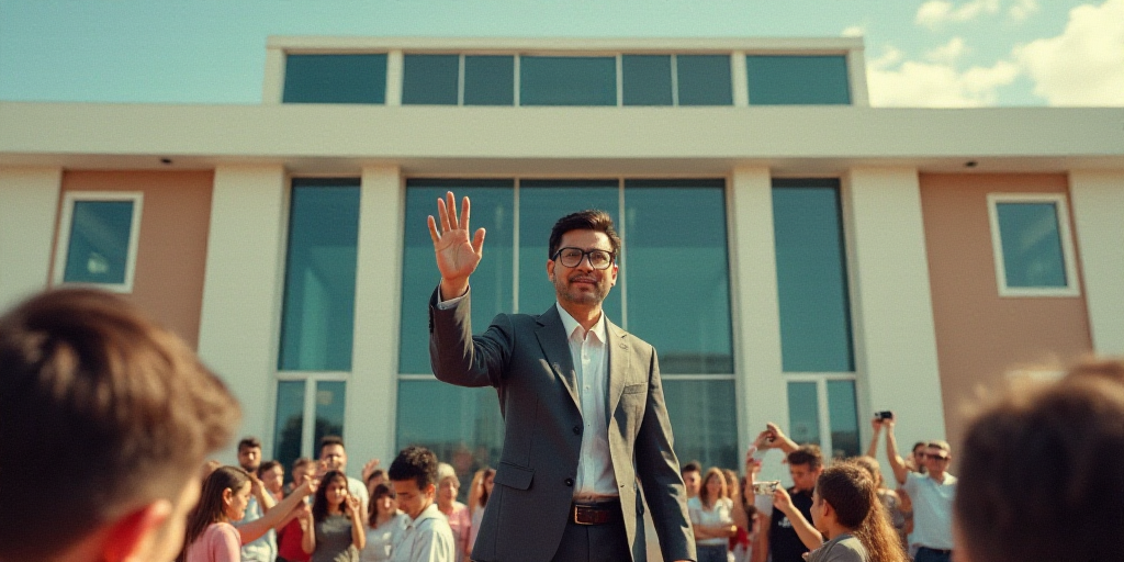 a man is waving to the crowd in front of a building with a glass front door and a large building beh