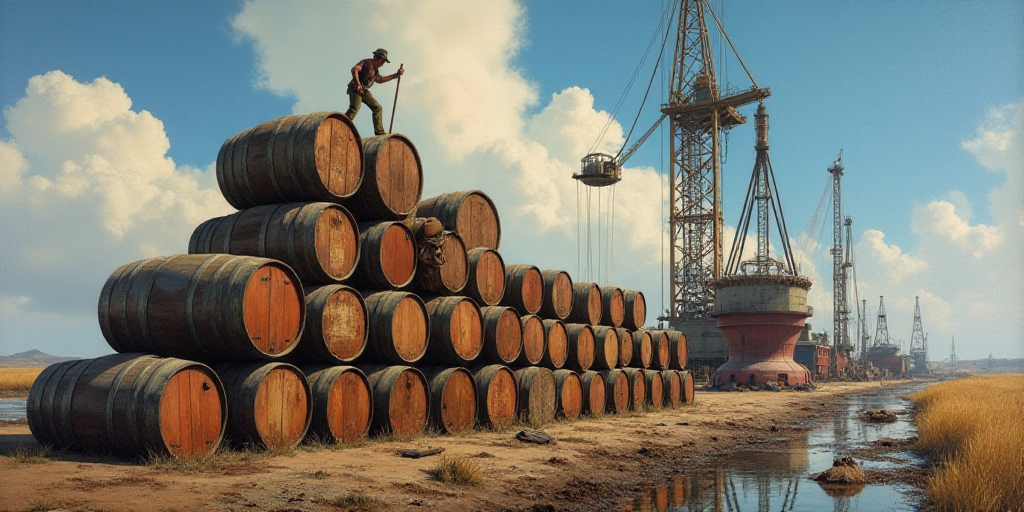 a man is working on a large stack of barrels on a crane in the sky above a large pile of barrels, An