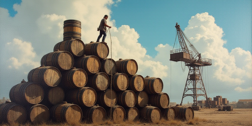 a man is working on a large stack of barrels on a crane in the sky above a large pile of barrels, An