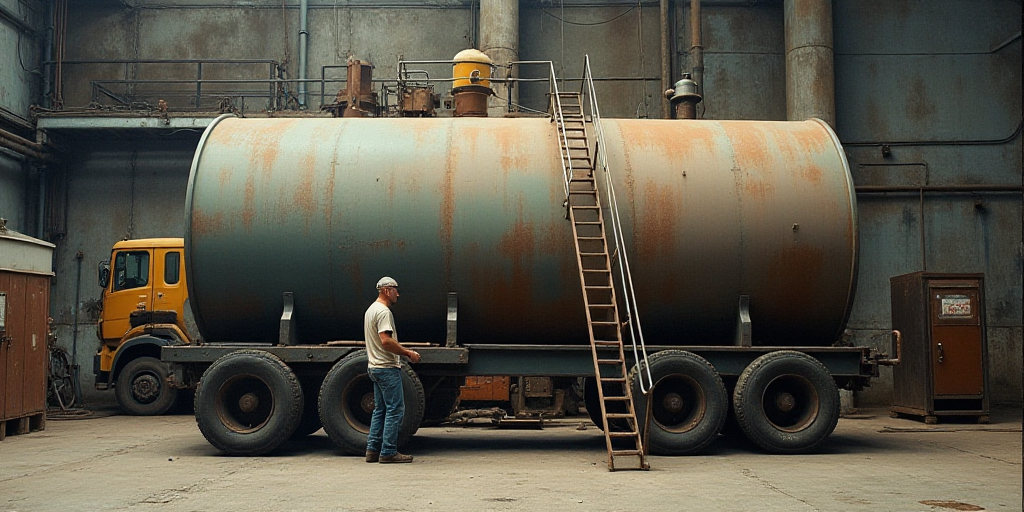 a man is working on a large tank in a factory area with stairs leading up to it and a truck in the b