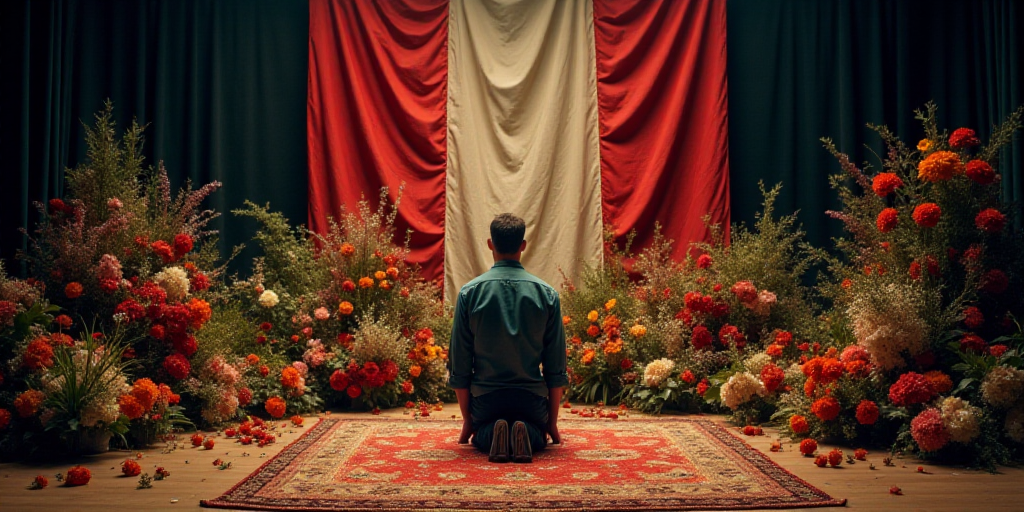 a man kneeling down in front of a colorful display of flowers and other decorations on a stage with