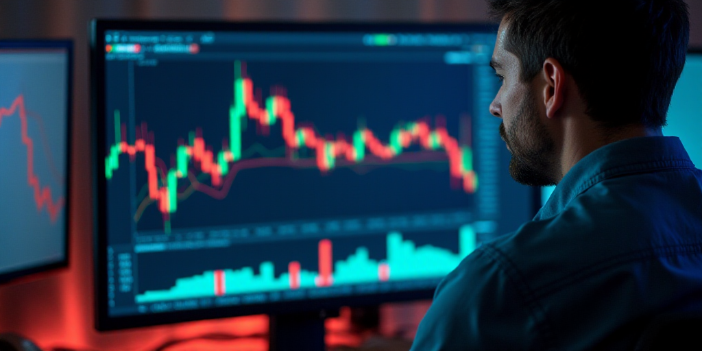 a man looking at a computer screen with a flag on it and a stock chart on the monitor screen, Andrie