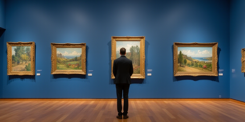 a man looking at paintings on display in a museum gallery with a blue wall and a blue wall with a pa