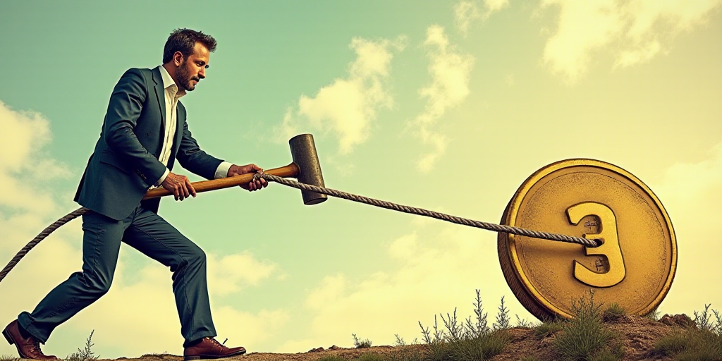a man pulling a coin with a rope and a hammer to pull it away from a coin on a string, Andries Stock