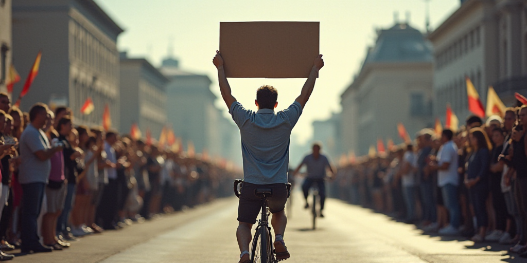 a man riding a bike down a street holding a sign in the air with his hands up in front of a crowd, B