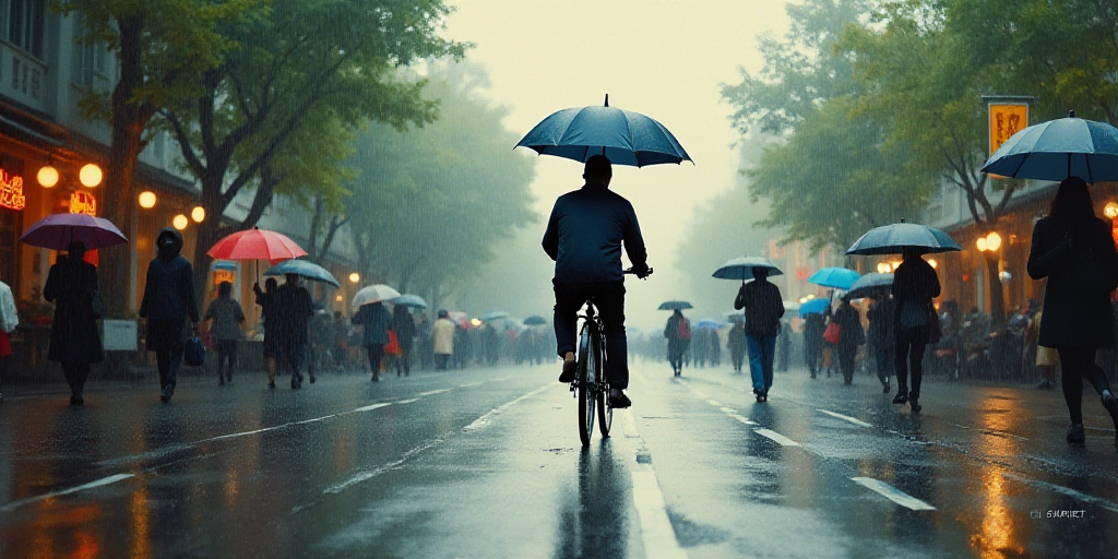 a man riding a bike down a street in the rain with an umbrella behind him and people holding umbrell