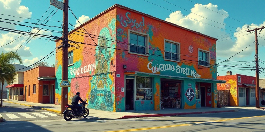 a man riding a motorcycle down a street next to a tall building with a mural on it's side, Carlos Tr