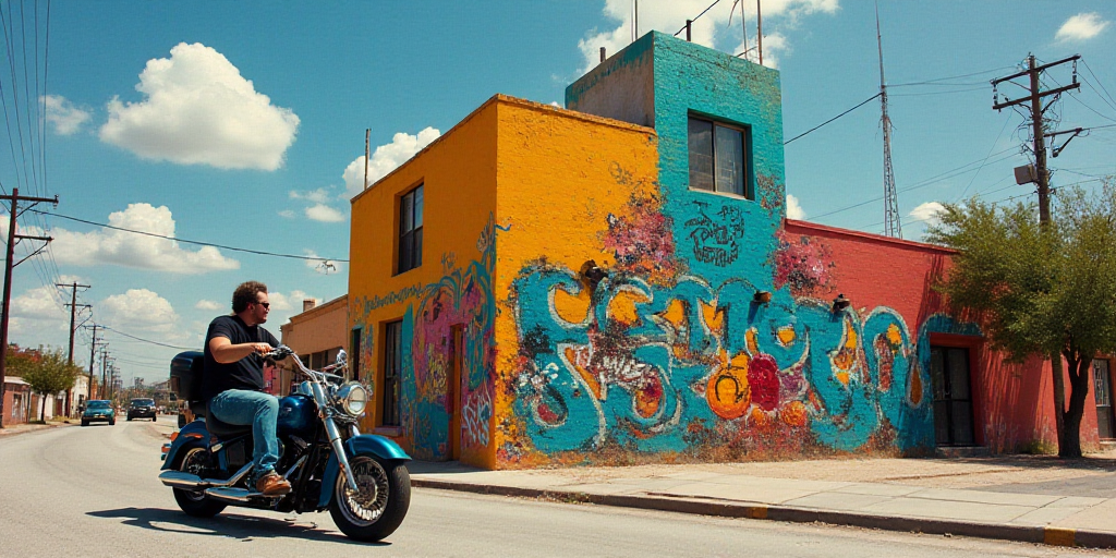 a man riding a motorcycle down a street next to a tall building with a mural on it's side, Carlos Tr