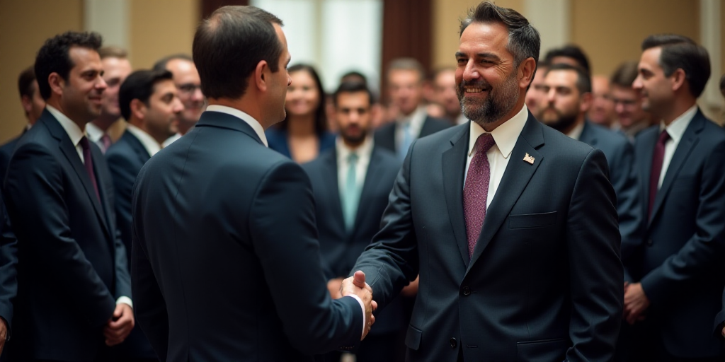 a man shaking hands with a man in a suit and tie in front of a crowd of people wearing suits, Ed Ben