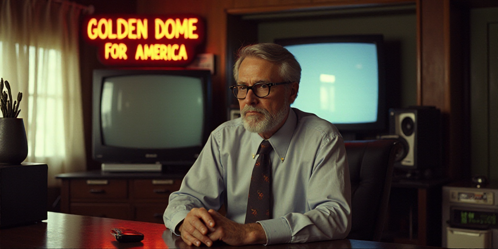 a man sitting at a desk in front of a television and a sign that says golden dome for america, Donal