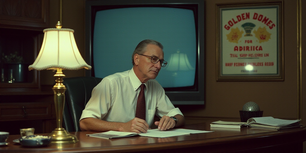 a man sitting at a desk in front of a television and a sign that says golden dome for america, Donal