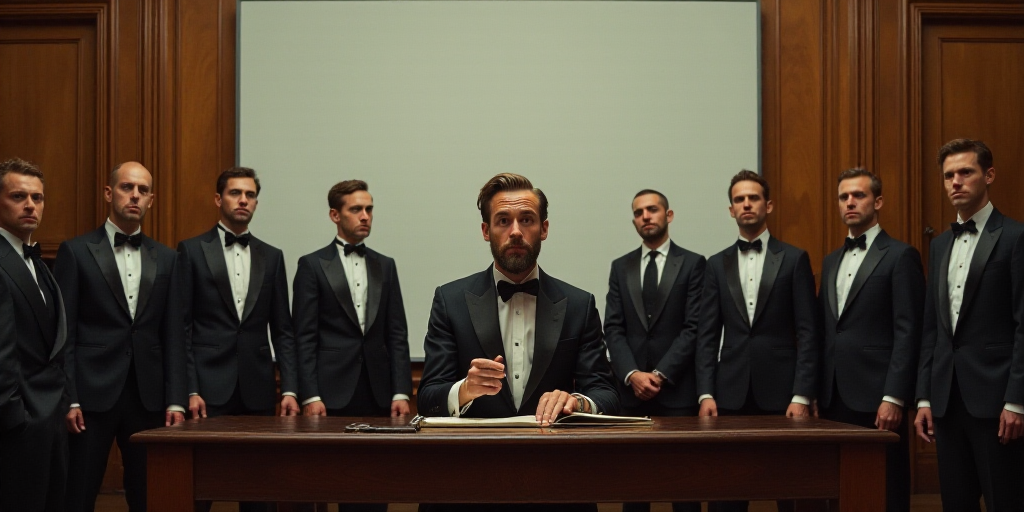 a man sitting at a desk in front of a group of people in suits and ties in front of a whiteboard, Ch