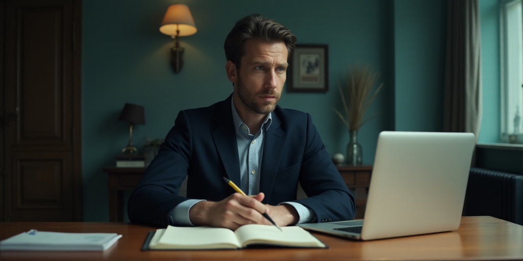 a man sitting at a desk with a laptop computer in front of him and a pen and paper in front of him,