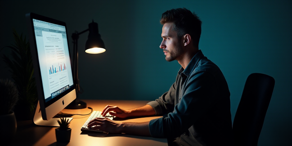 a man sitting at a desk with a computer and a keyboard and mouse in front of him, with a lamp on, É