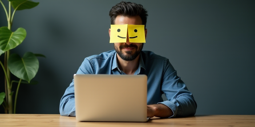 a man sitting at a desk with a laptop and a pair of yellow sticky notes on his eyes with a smiley fa