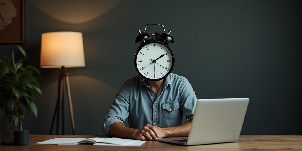 a man sitting at a desk with a clock in front of his face and a laptop on his desk, Évariste Vital