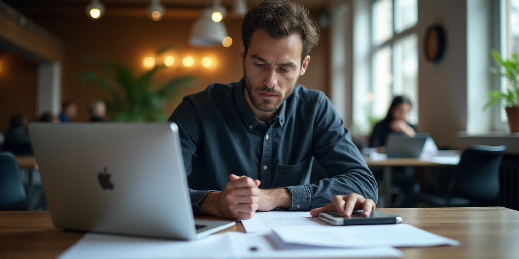 a man sitting at a desk with a laptop and papers in front of him, looking at a document, Cedric Seau