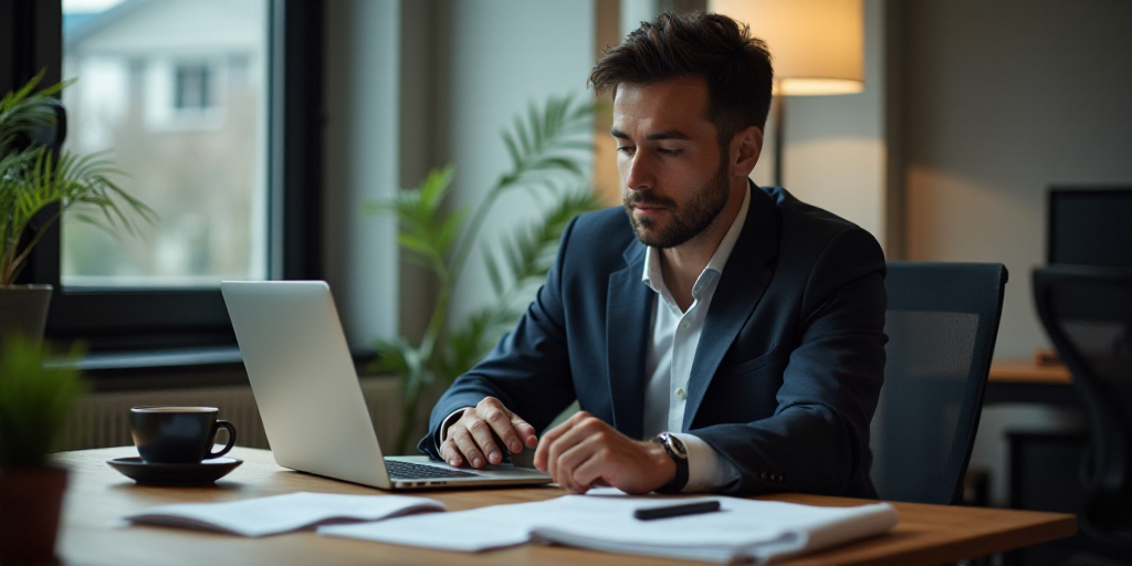 a man sitting at a desk with a laptop computer and papers in front of him, with a cup of coffee and
