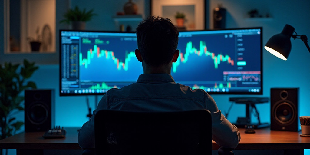 a man sitting at a desk with a computer monitor and keyboard in front of him, with a chart on the mo