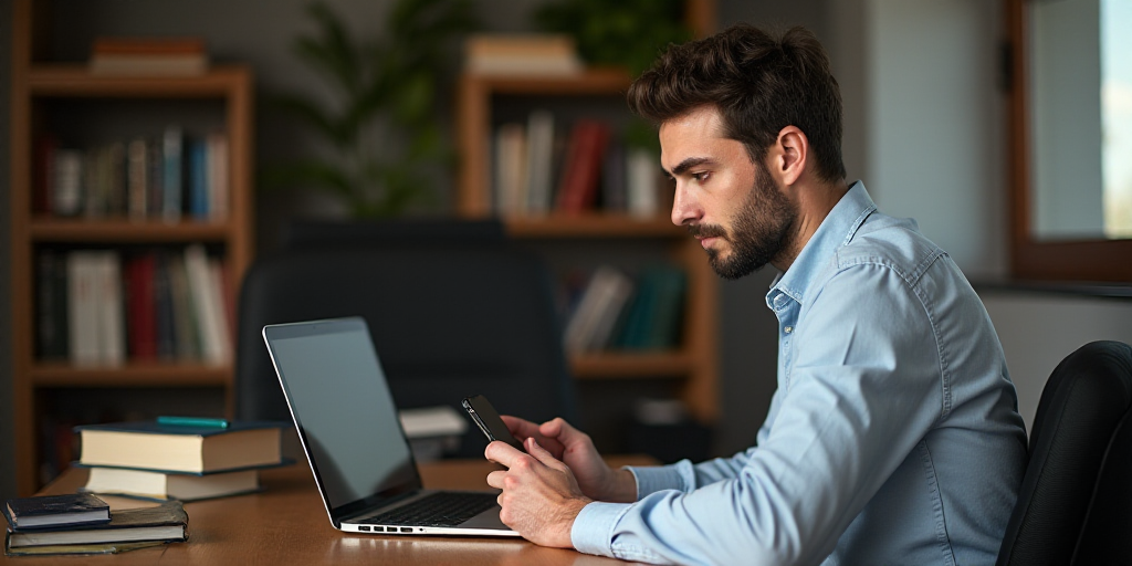 a man sitting at a desk with a laptop and cell phone in his hand and a stack of books behind him, Ce